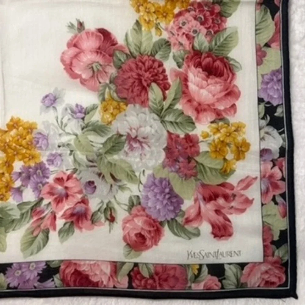 Vtg YVES SAINT LAURENT Scarf Handkerchief Floral White Pink 18